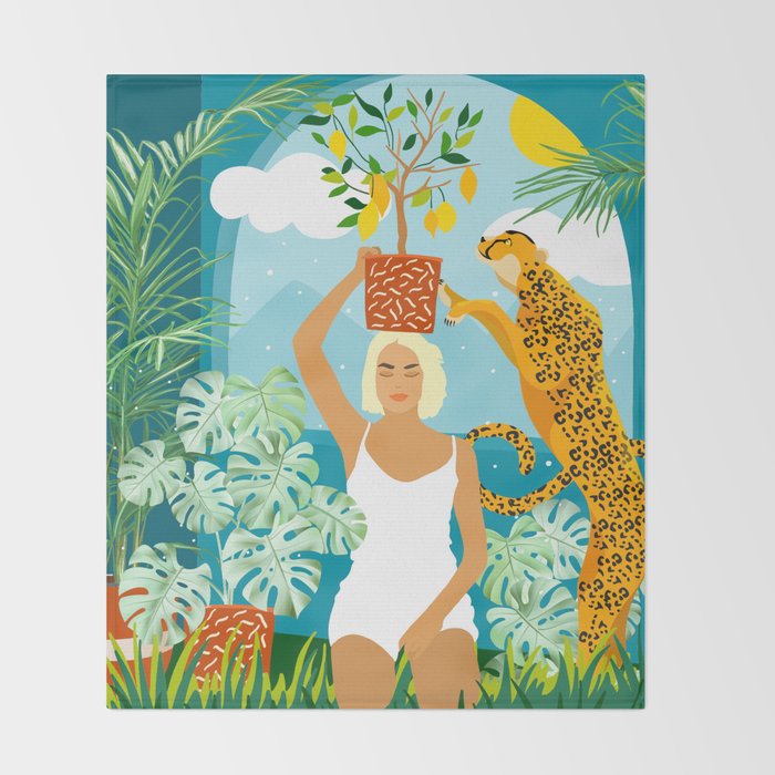 Bring The Jungle Home Illustration, Tropical Cheetah Wild Cat & Woman Painting Throw Blanket Gallery Image 2