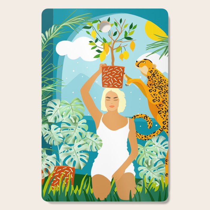 Bring The Jungle Home Illustration, Tropical Cheetah Wild Cat & Woman Painting Cutting Board Gallery Image 1