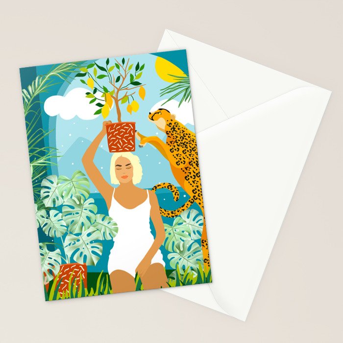 Bring The Jungle Home Illustration, Tropical Cheetah Wild Cat & Woman Painting Stationery Card Gallery Image 2