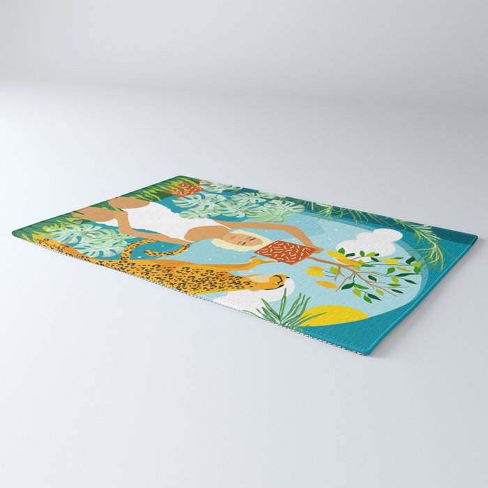 Bring The Jungle Home Illustration, Tropical Cheetah Wild Cat & Woman Painting Rug Gallery Image 3