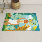 Bring The Jungle Home Illustration, Tropical Cheetah Wild Cat & Woman Painting Rug Gallery Image 1