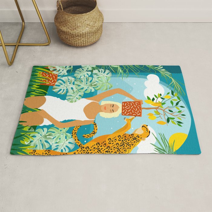 Bring The Jungle Home Illustration, Tropical Cheetah Wild Cat & Woman Painting Rug Gallery Image 1