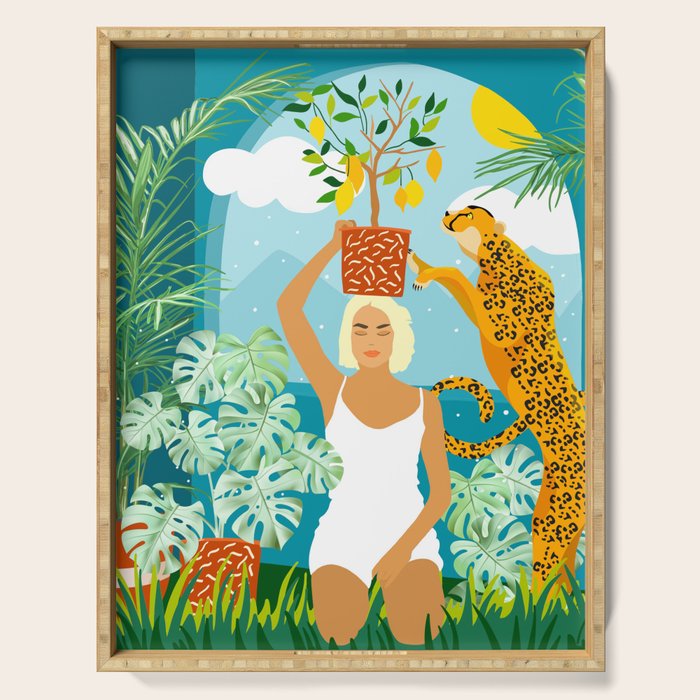 Bring The Jungle Home Illustration, Tropical Cheetah Wild Cat & Woman Painting Serving Tray Gallery Image 1