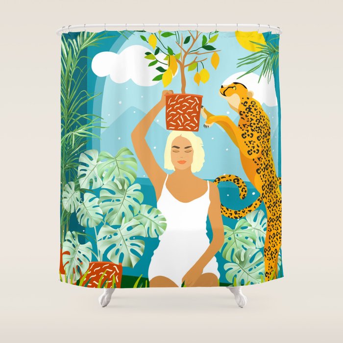 Bring The Jungle Home Illustration, Tropical Cheetah Wild Cat & Woman Painting Shower Curtain Gallery Image 1