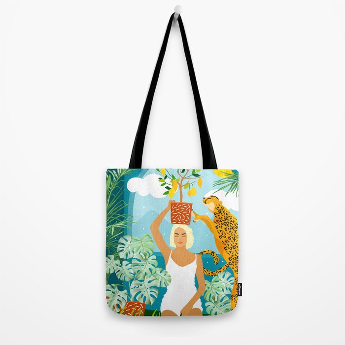 Bring The Jungle Home Illustration, Tropical Cheetah Wild Cat & Woman Painting Tote Bag Gallery Image 2