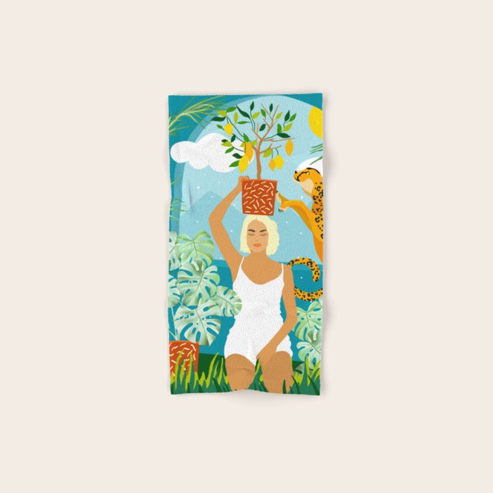 Bring The Jungle Home Illustration, Tropical Cheetah Wild Cat & Woman Painting Bath Towel Gallery Image 1