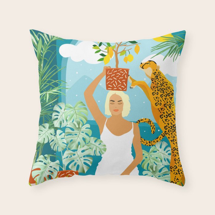 Bring The Jungle Home Illustration, Tropical Cheetah Wild Cat & Woman Painting Throw Pillow Gallery Image 6