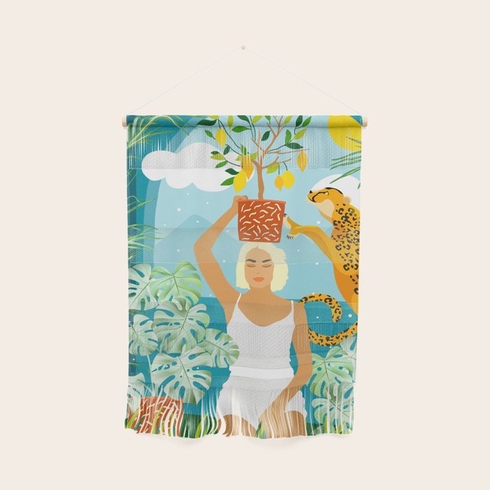 Bring The Jungle Home Illustration, Tropical Cheetah Wild Cat & Woman Painting Wall Hanging Gallery Image 1