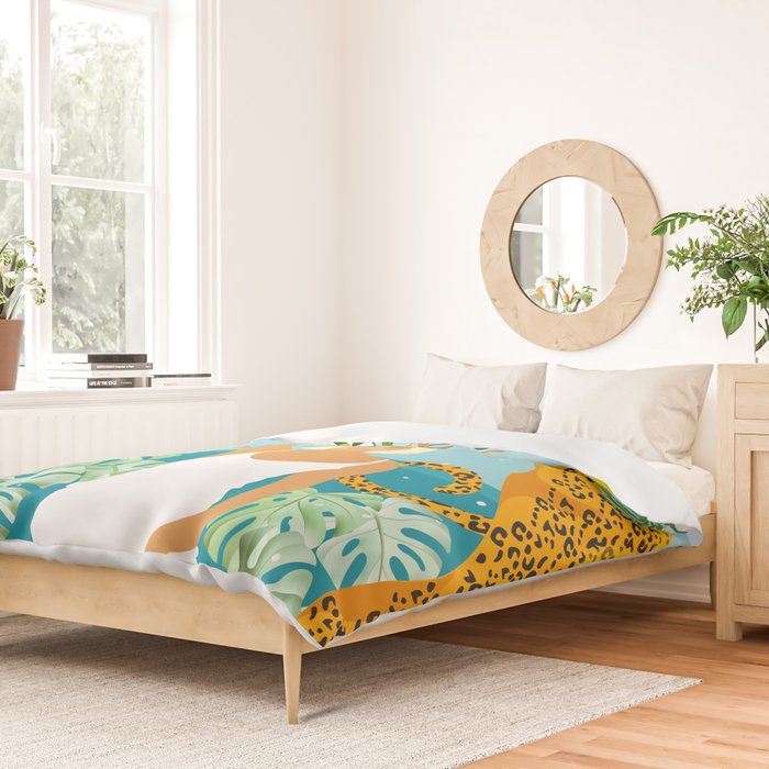 Bring The Jungle Home Illustration, Tropical Cheetah Wild Cat & Woman Painting Duvet Cover Gallery Image 2