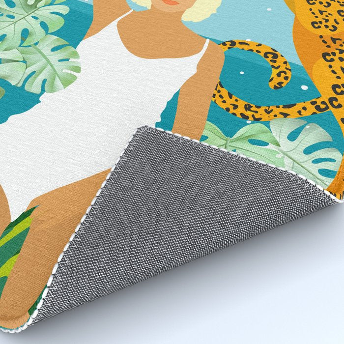 Bring The Jungle Home Illustration, Tropical Cheetah Wild Cat & Woman Painting Rug Gallery Image 4