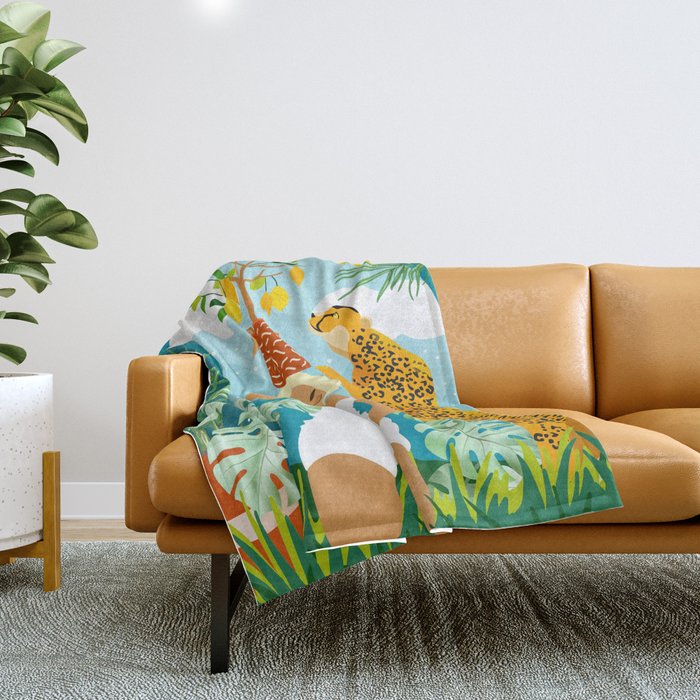 Bring The Jungle Home Illustration, Tropical Cheetah Wild Cat & Woman Painting Throw Blanket Gallery Image 1