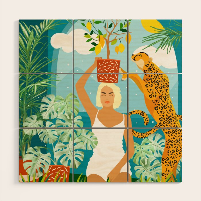 Bring The Jungle Home Illustration, Tropical Cheetah Wild Cat & Woman Painting Wood Wall Art Gallery Image 1