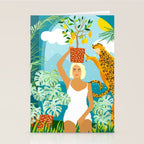 Bring The Jungle Home Illustration, Tropical Cheetah Wild Cat & Woman Painting Stationery Card Gallery Image 2