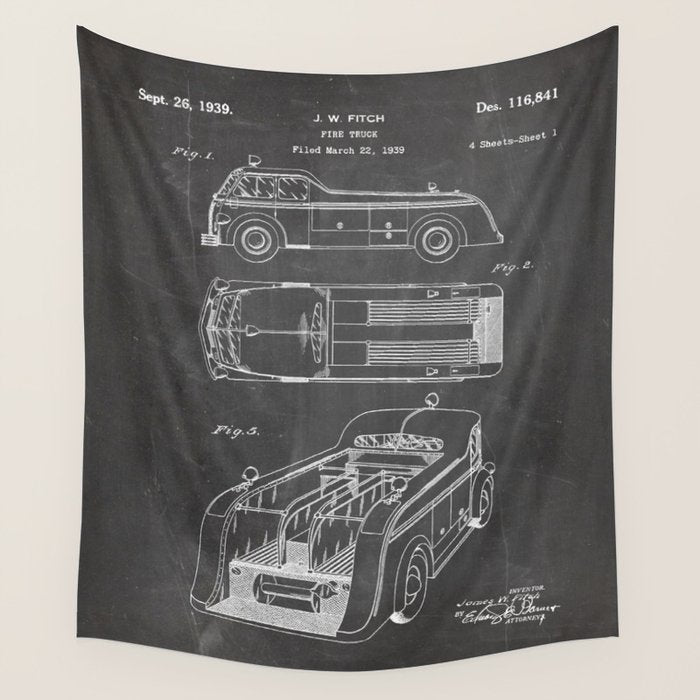 Fire Truck Patent - Fireman Art - Black Chalkboard Wall Tapestry Gallery Image 1