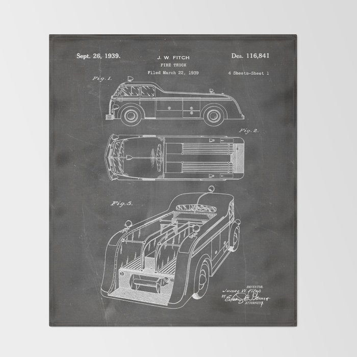 Fire Truck Patent - Fireman Art - Black Chalkboard Throw Blanket Gallery Image 2