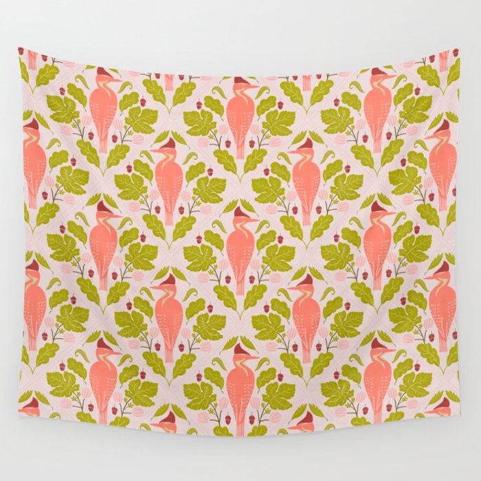 Peach And Pink Woodpecker Wall Tapestry Gallery Image 1