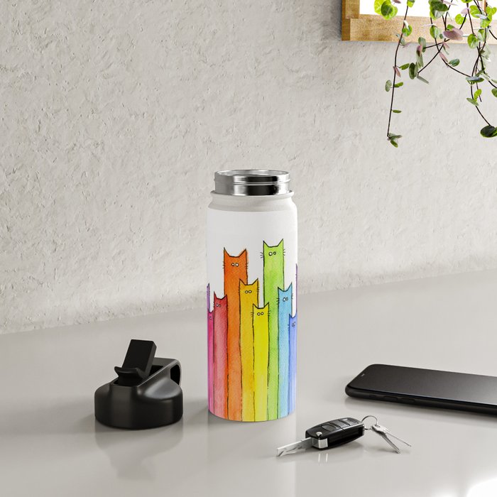 Cat Rainbow Watercolor Pattern Water Bottle Gallery Image 4