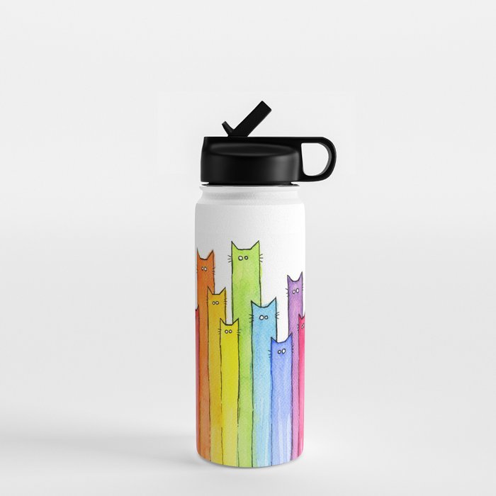 Cat Rainbow Watercolor Pattern Water Bottle Gallery Image 1