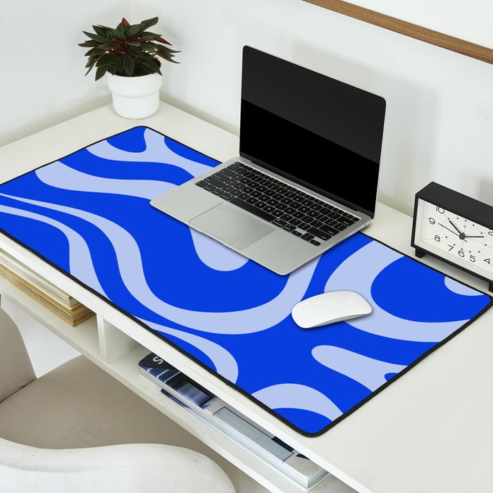 Retro Modern Liquid Swirl Abstract Pattern Square Royal Blue and Light Blue Desk Mat Gallery Image 2