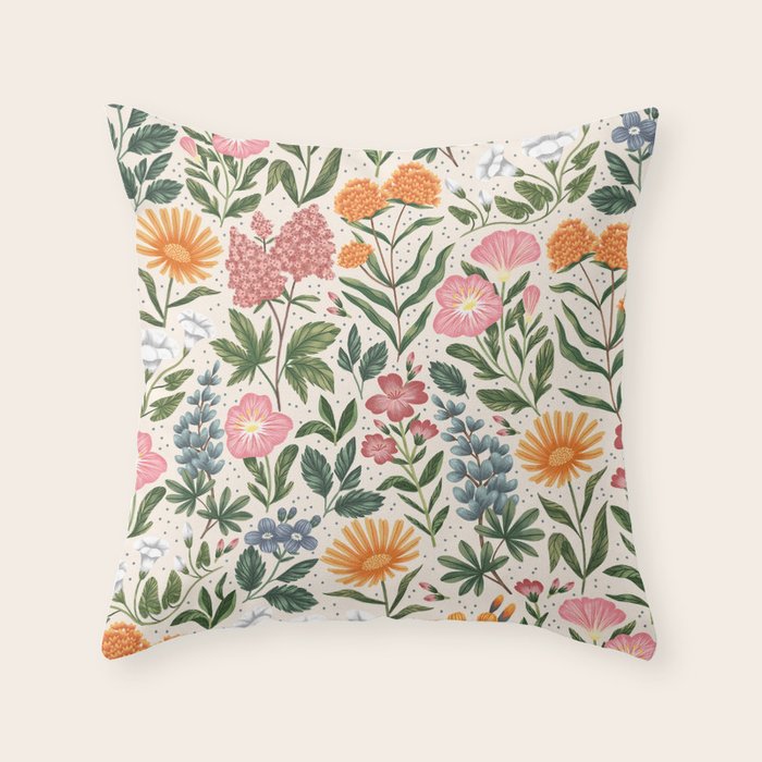 Flowers of the Meadow - beige Throw Pillow Gallery Image 1