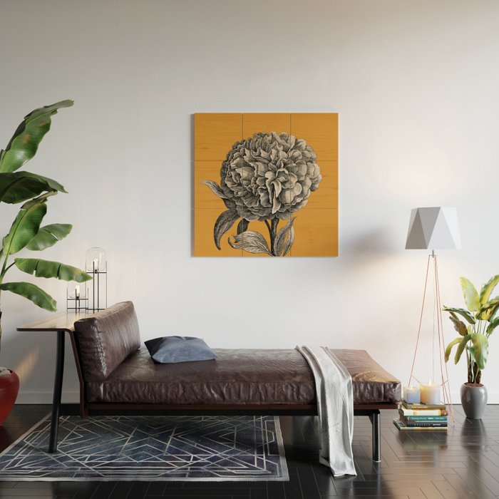 Peony Flower Vintage Modern Botanical Floral Illustration on Butterscotch  Wood Wall Art Gallery Image 2