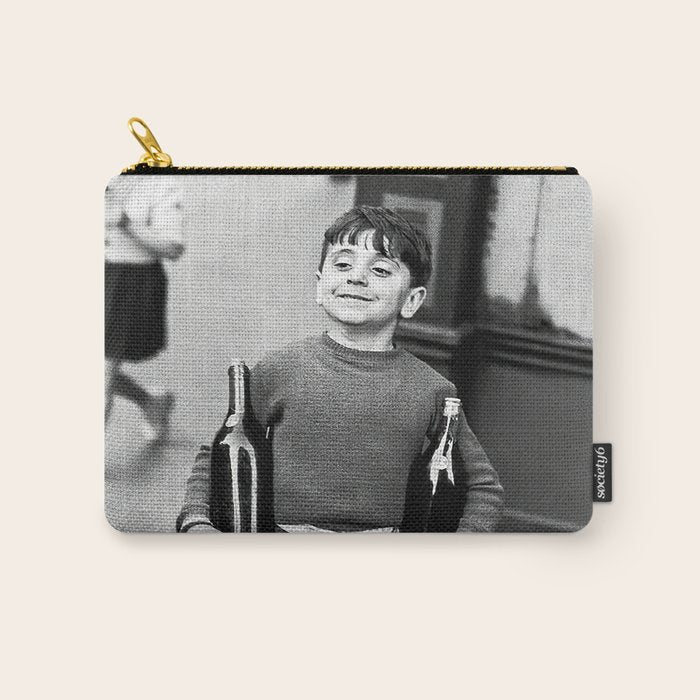 Little Boy and Bottles of Wine, Black and White Vintage Art Carry All Pouch Gallery Image 1