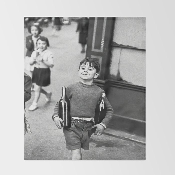 Little Boy and Bottles of Wine, Black and White Vintage Art Throw Blanket Gallery Image 2