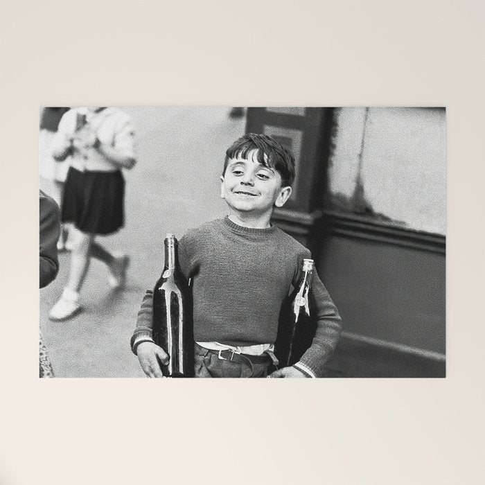 Little Boy and Bottles of Wine, Black and White Vintage Art Welcome Mat Gallery Image 1