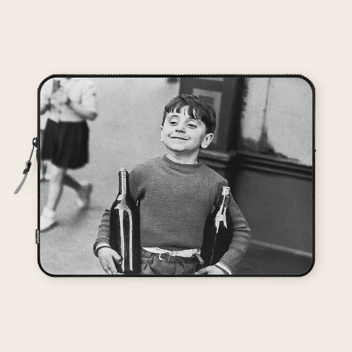Little Boy and Bottles of Wine, Black and White Vintage Art Laptop Sleeve Gallery Image 1