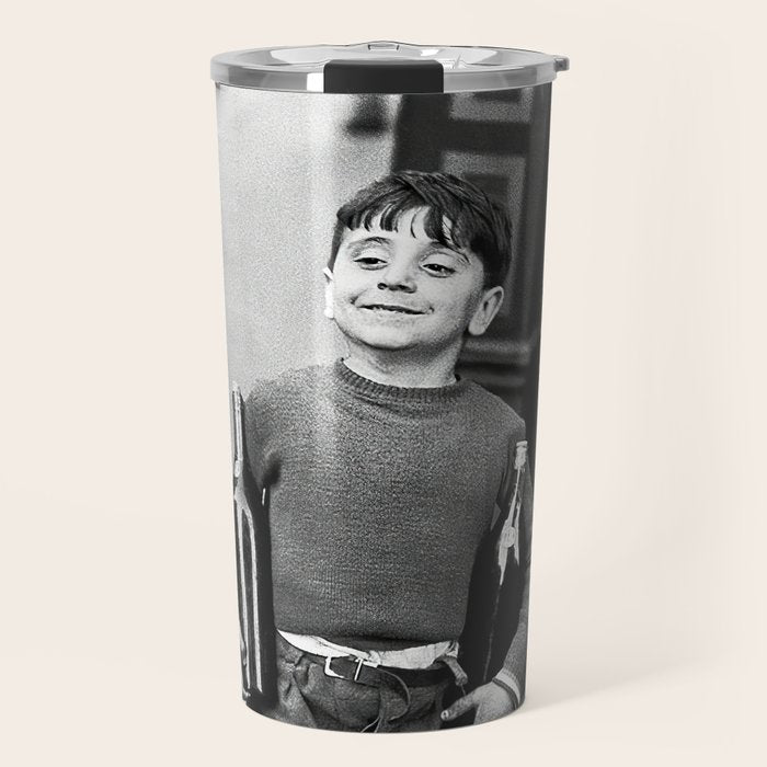 Little Boy and Bottles of Wine, Black and White Vintage Art Travel Mug Gallery Image 1