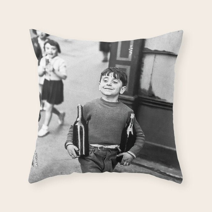 Little Boy and Bottles of Wine, Black and White Vintage Art Throw Pillow Gallery Image 1
