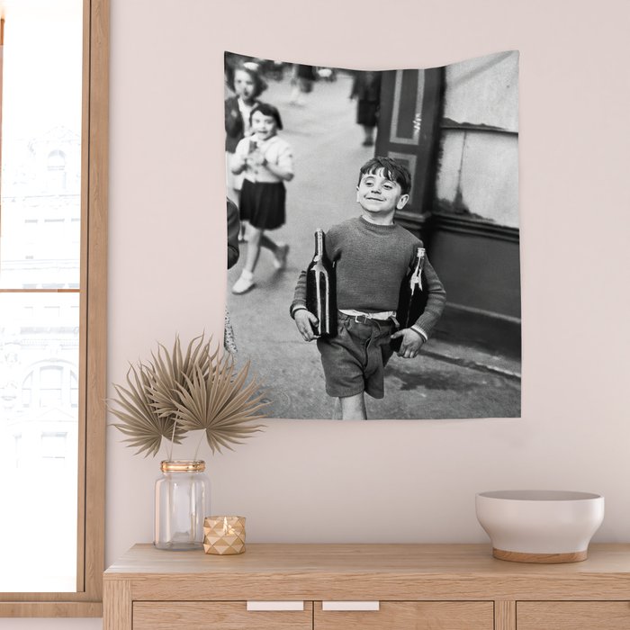 Little Boy and Bottles of Wine, Black and White Vintage Art Wall Tapestry Gallery Image 2