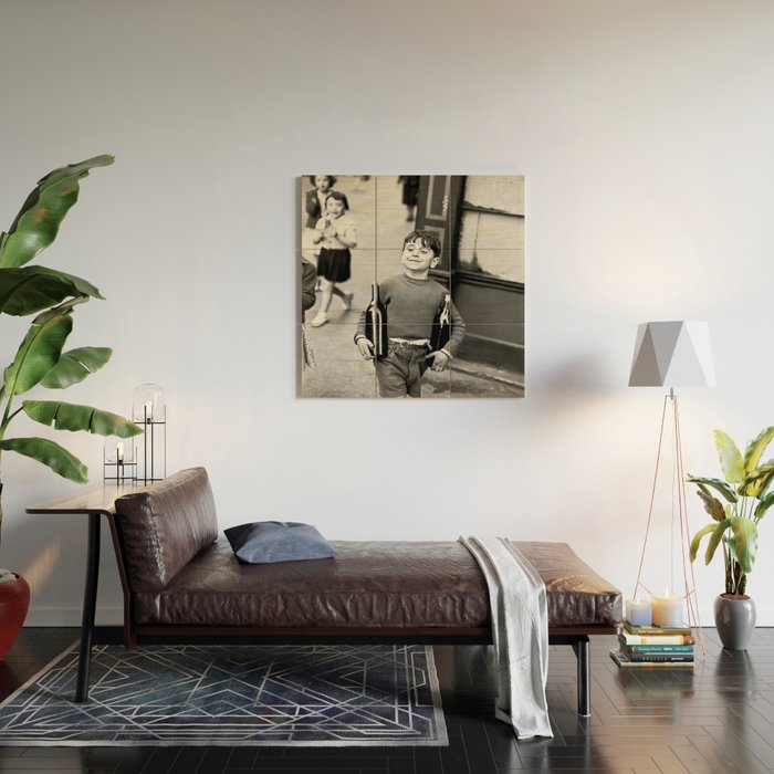 Little Boy and Bottles of Wine, Black and White Vintage Art Wood Wall Art Gallery Image 2