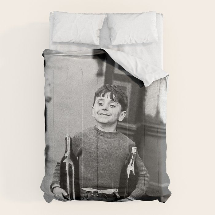 Little Boy and Bottles of Wine, Black and White Vintage Art Comforter Gallery Image 1