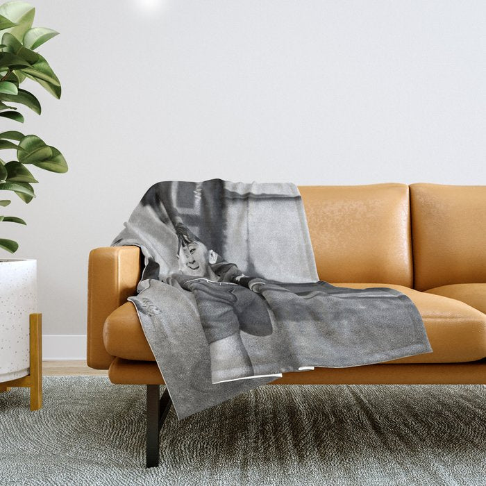 Little Boy and Bottles of Wine, Black and White Vintage Art Throw Blanket Gallery Image 1