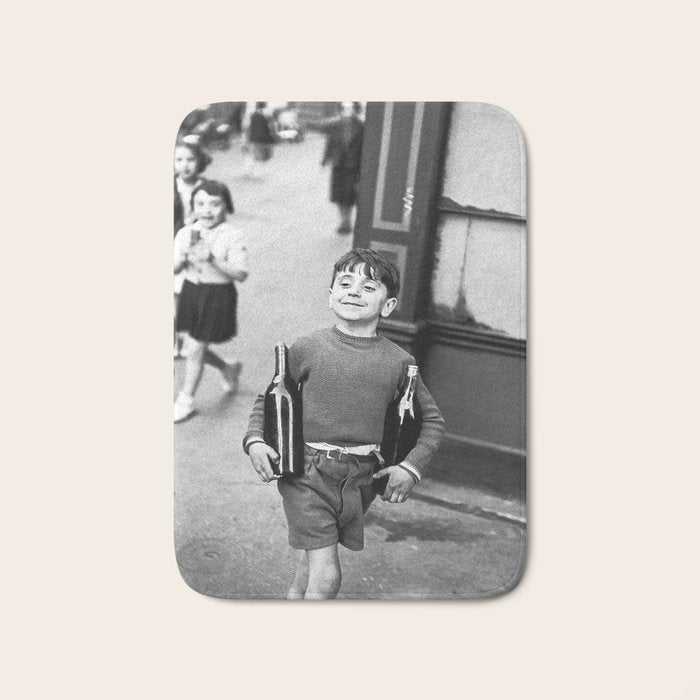 Little Boy and Bottles of Wine, Black and White Vintage Art Bath Mat Gallery Image 1