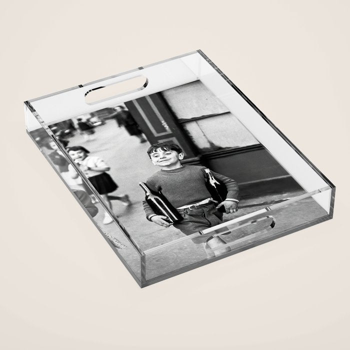 Little Boy and Bottles of Wine, Black and White Vintage Art Acrylic Tray Gallery Image 1