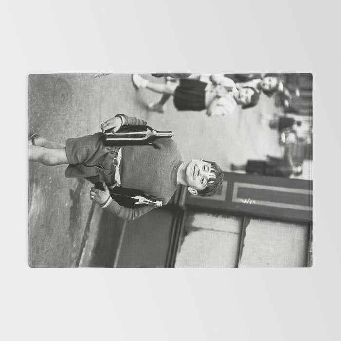Little Boy and Bottles of Wine, Black and White Vintage Art Rug Gallery Image 2