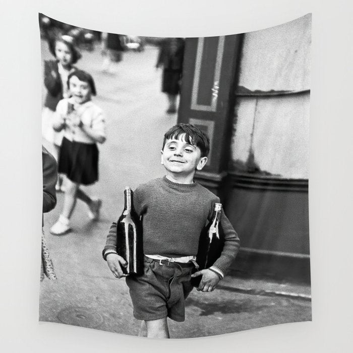 Little Boy and Bottles of Wine, Black and White Vintage Art Wall Tapestry Gallery Image 1