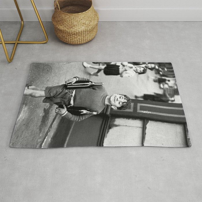 Little Boy and Bottles of Wine, Black and White Vintage Art Rug Gallery Image 1