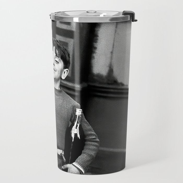 Little Boy and Bottles of Wine, Black and White Vintage Art Travel Mug Gallery Image 2