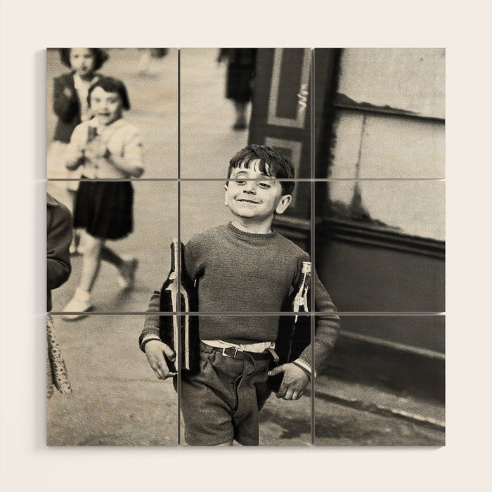 Little Boy and Bottles of Wine, Black and White Vintage Art Wood Wall Art Gallery Image 1