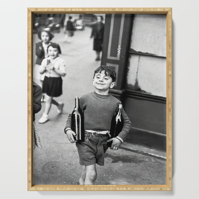 Little Boy and Bottles of Wine, Black and White Vintage Art Serving Tray Gallery Image 1