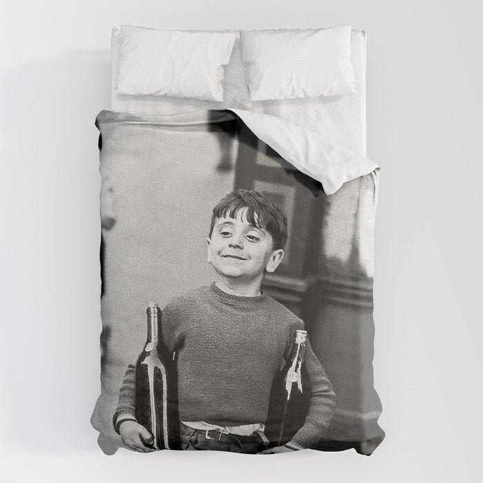Little Boy and Bottles of Wine, Black and White Vintage Art Duvet Cover Gallery Image 6