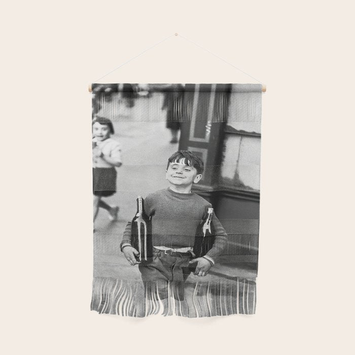 Little Boy and Bottles of Wine, Black and White Vintage Art Wall Hanging Gallery Image 1