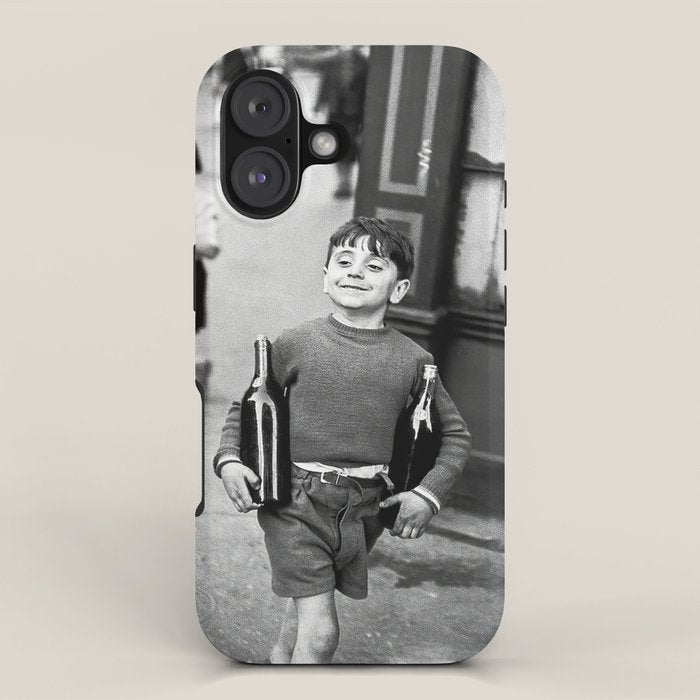 Little Boy and Bottles of Wine, Black and White Vintage Art iPhone Case Gallery Image 1