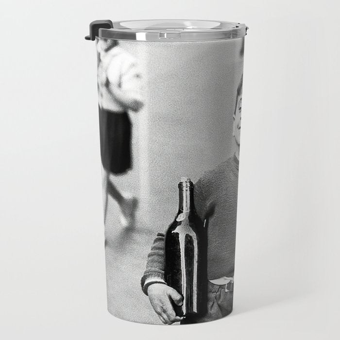 Little Boy and Bottles of Wine, Black and White Vintage Art Travel Mug Gallery Image 3