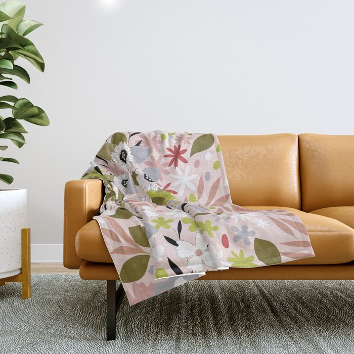 Maximalist Boho Floral Pattern 2. Olive & Blush Throw Blanket Gallery Image 1