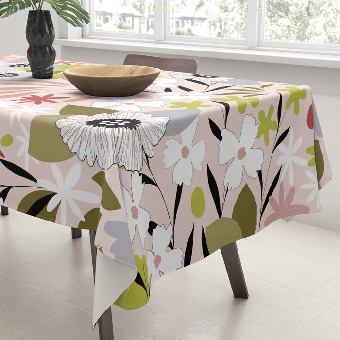 Maximalist Boho Floral Pattern 2. Olive & Blush Tablecloth Gallery Image 3