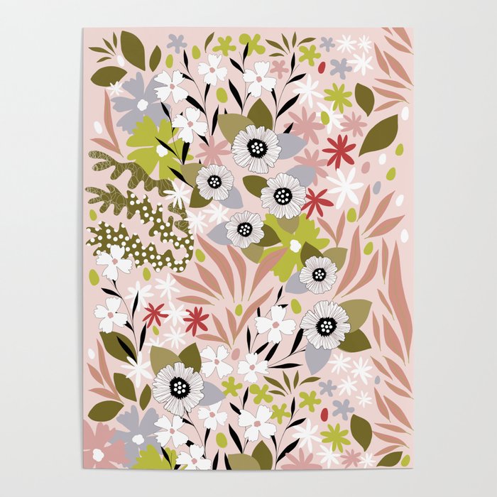 Maximalist Boho Floral Pattern 2. Olive & Blush Poster Gallery Image 1